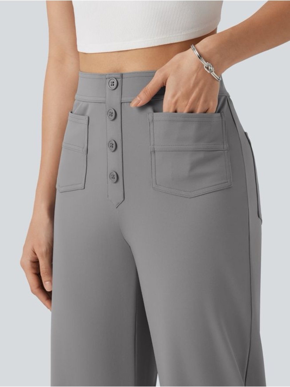 HALARA Gray High-Waist Wide-Leg Pants with Front Patch Pockets